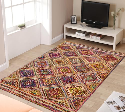 Alfombra de yute rectangular geométrica multicolor de algodón trenzado a mano 3
