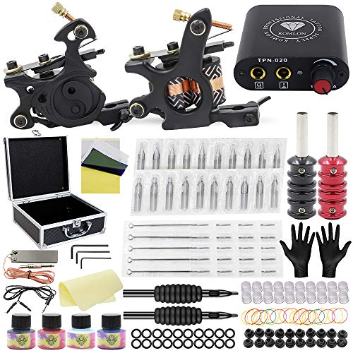 Romlon Tattoo Kit Complete for Beginners Tattoo Kit with Case Tattoo Power Supply 4 Tattoo Ink 20 Tattoo Needles Foot Pedal Grips Tips Liner and Shader 2 Pro Tattoo Machine Guns Kit Tattoo Supplies