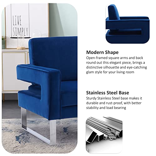 Locus Bono Velvet Arm Chair, Upholstered Lounge Chair Reading Chair For Living Room, Modern Accent Chair For Home Office, Stainless Steel Base (Navy Blue) #TOP2