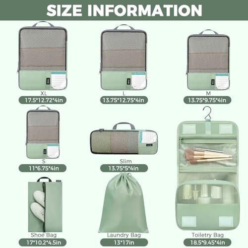 Image of BAGAIL 4 Set /6 Set /8 Set Compression Packing Cubes Travel Accessories Expandable Packing Organizers(HalfMesh, 8-MatchaGreen)