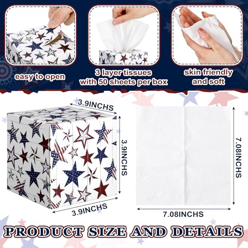 Image of Fourluoo 12 Pcs Patriotic Facial Tissues Cube Face Boxes 600 Sheets 3 Ply Red White Blue Square Tissue Bulk for Veterans Day Independence Car Bedroom Supply(Independence Day Star)