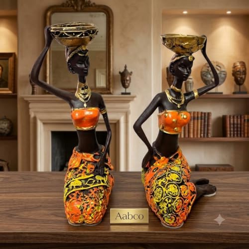 Image of Vibrant Beautiful Finish Uniquely Hand Crafted Home Decor African Tribal Women Art Piece (Sitting African Lady Set of 2)