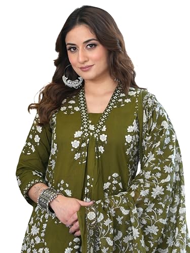 Image of Arayna Women's Pure Cotton Block Printed Ethnic Wear Kurta Set with Palazzo Pants & Dupatta