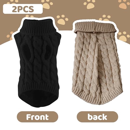 CATMEYE Lot de 2 Pulls Pour Chiens à Col Roulé,Chandails d’Hiver Rayés en Maille Pour Petits Chiens & Chats, Gilet en Acrylique Doux Pour Chiots (Beige+Schwarz)