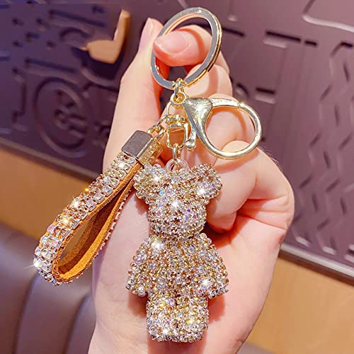 Ici-Rencontrer Cute Fashion Bling Diamond Bear Backpack Car Key Pendant Kids Girls Women Lover Handbag Wallet Key Glitter Ring Accessories Keychain Hanging For Holiday Gifts (Gold), 5 X 3 X 3.7 Cm #TOP1