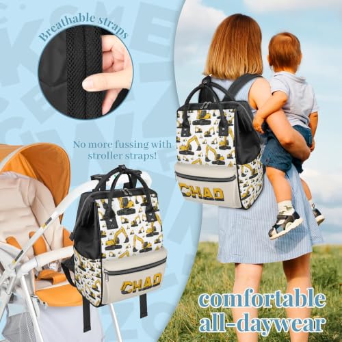 Image of Customized Diaper-Backpack Waterproof Nappy-Bag Baby-Gift Excavator Yellow | Monogram Baby Backpack for Traveling Stroller Organizer Mommy Bag for New Parents Mom Dad Personalized Baby Shower Gifts