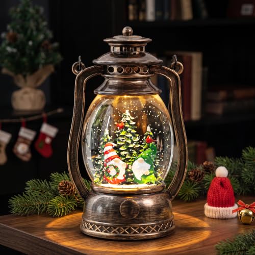 Christmas Gnome Snow Globe Lantern, Retro Hurricane Water Lantern with LEDs