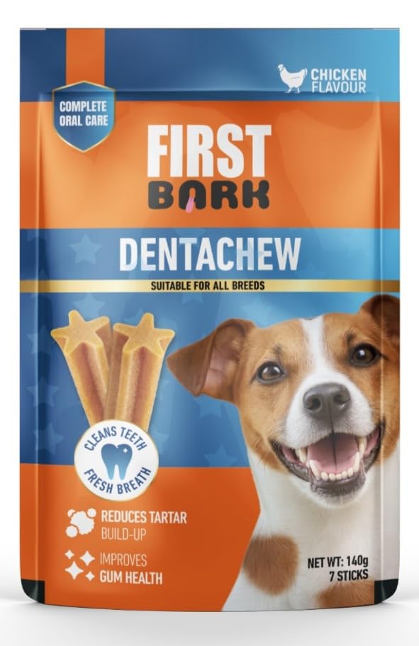 Image of DentaChew Dog Dental Treats, Chicken Flavour, Cleans Teeth, Freshens Breath, Reduces Tartar, Supports Gum Health, 140g, 7 Sticks (Pack of 1) By DogsNCats