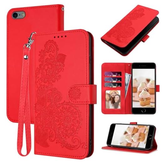 JHWVVTF for iPhone SE 2022/SE 2020 Case, for iPhone 8/7/6/6S Case Wallet, Card Holder, Floral PU Leather Flip Cases Strap, Kickstand Magnetic Protective Cute Cover for Women Girl (Red)