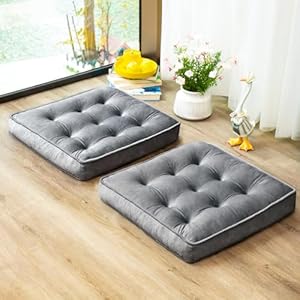 Floor Pillow Set of 2, Memory Foam Meditation Cushion, Floor Cushions for Adults Sitting, Large Square Seat Cushions for Yoga, Living Room, 20×20 Inch (Grey)