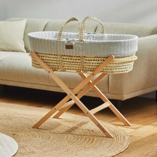 Image of The Little Green Sheep Moses Basket with Stand - Organic Knitted Bassinet Made with Natural Palm Leaf, Mattress and Natural Foldable Stand, Free From any Nasties, Durable and Lightweight, Dove