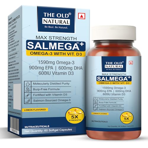The Old Natural Salmega Omega-3 + Vitamin D3 | High Strength 1590mg Omega-3 (900mg EPA & 600mg DHA) with 600 IU Vitamin D3 for Heart, Brain & Immunity Support | Joint Health & Overall Wellness | Premium Fish Oil Supplement | 60 Softgels capsules