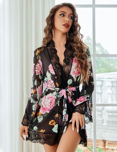 Image of Avidlove Women Lace Kimono Robe Babydoll Sexy Lingerie Mesh Chemise Nightgown Cover Up