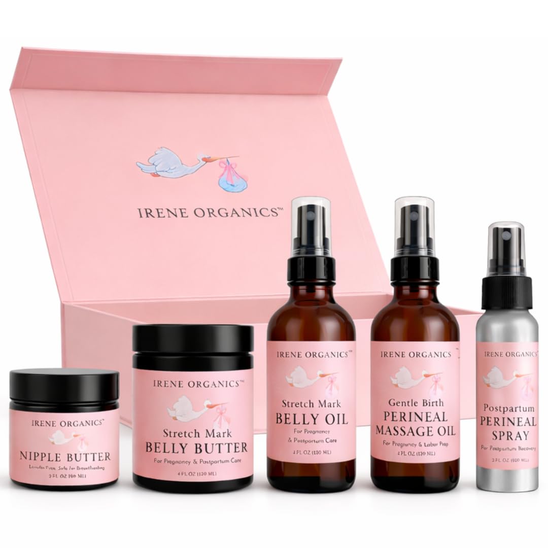 Irene Organics Belly Bundle – 5 Piece Pregnancy Skincare Gift Set with Organic Belly Butter & Natural Body Oil for Stretch Marks (5 piece set)