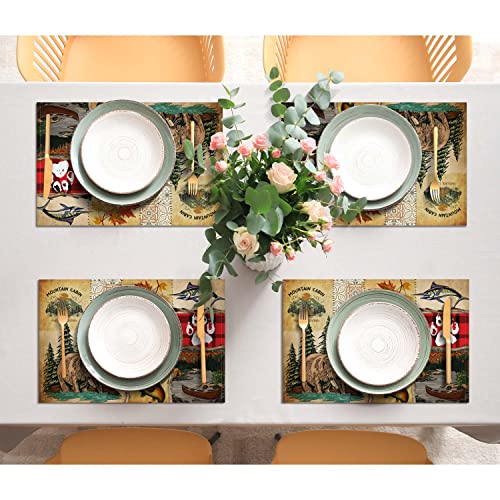 Placemats Set Of 4,Fish Bear Tree,Washable Burlap Woven Heat Resistant Placemat For Dinning Table,Farmhouse,Outdoor,18X12 Inch #TOP3