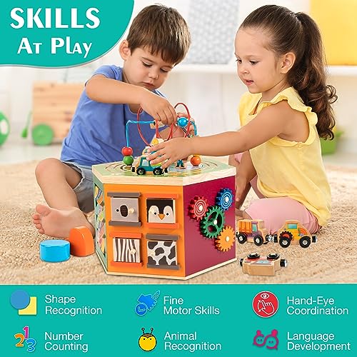 Image of Large Activity Cube, 9-in-1 Farm-Themed Wooden Play Center, Multipurpose Montessori Toy for 1-2 Year Old Baby Toddler Kid, First Birthday Gift | Bonus Magnetic Train Cars