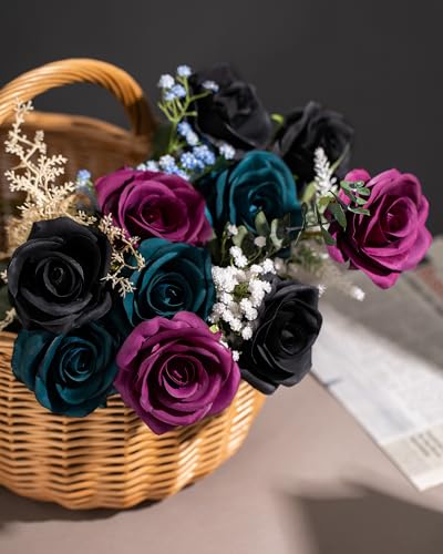 DuHouse 10pcs Fake Roses Artificial Silk Flowers Faux Rose Flower Long Stems Bouquet for Arrangement Wedding Centerpiece Party Home Kitchen Decor(Plum) image 7