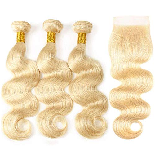 613 Blonde Bundles with Closure Brazilian Body Wave Human Hair Bundles with Closure 8A 613 Honey Blonde 4X4 Lace Closure with Bundles 613 Remy Human Hair (20/22/24+18 Inch, 613)