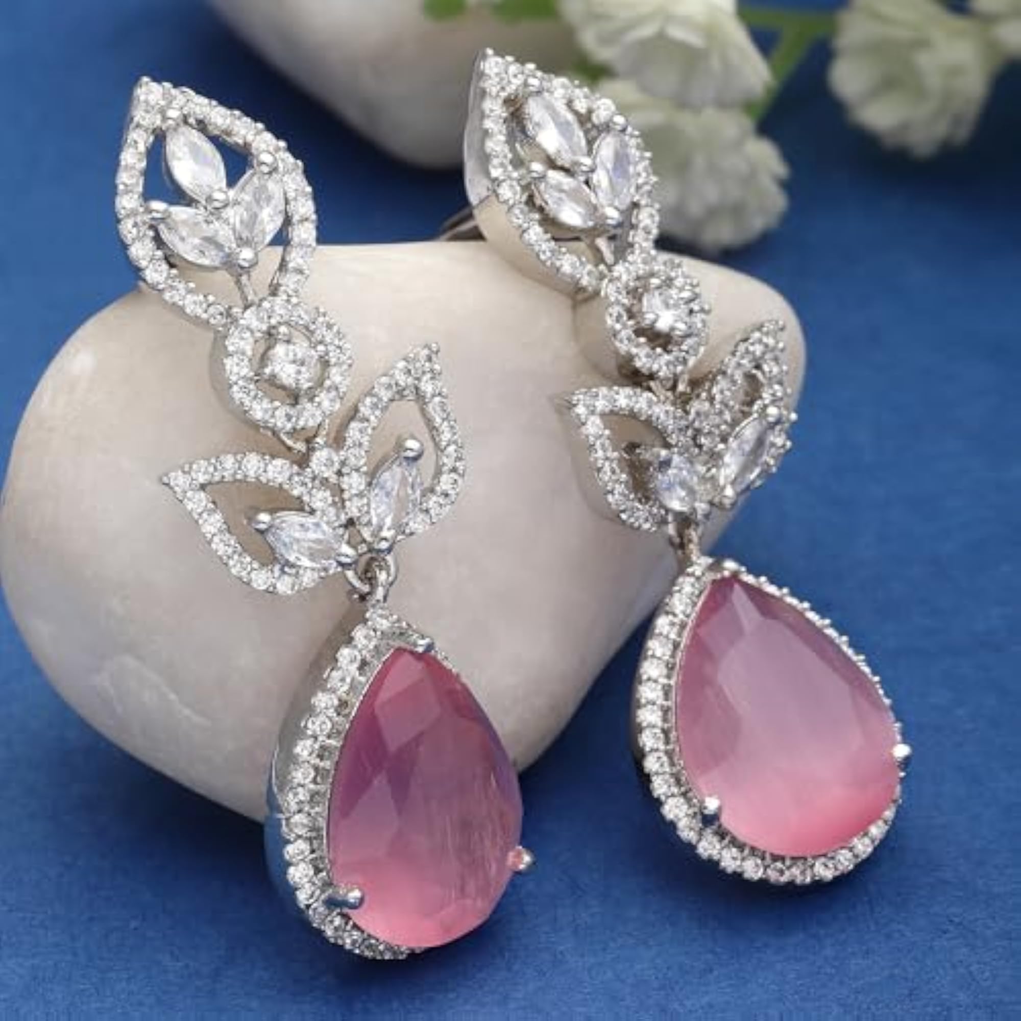 Rhodium-Plated American Diamond Drop Earrings