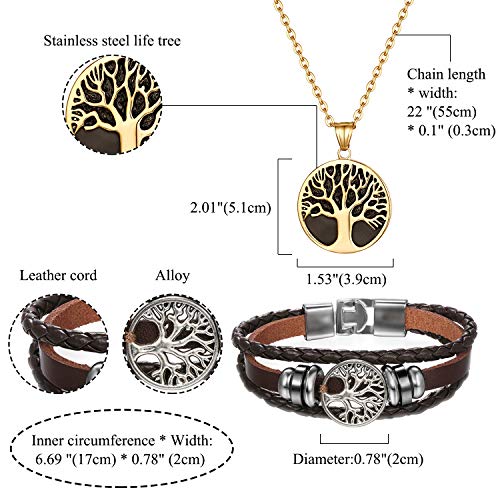 Cupimatch Men Tree Of Life Symbol Pendant Necklace Leather Bracelet, Stainless Steel 22 Inch Chian Jewelry Set (Brown) #TOP2