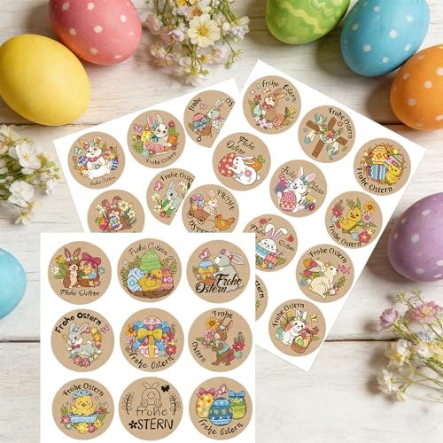 144 Aufkleber Ostern Deko, Osteraufkleber, Frohe Ostern Aufkleber, Hase Osterhasen Ostereier Selbstklebend Ostersticker, Rund Sticker für Ostereier, für Osterkarte Geschenke Osterdeko