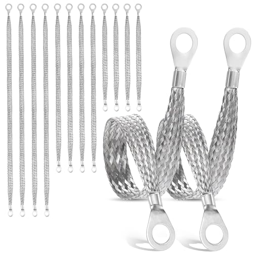 Giantree 12 Pcs Universal Automotive Ground Straps 10/15/20 Inch Silver Engine Ground Strap Kit with Ring Terminals Durable Strong Braided Copper Straps for Most Cars