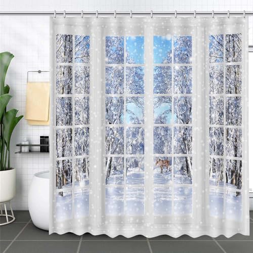 MEHOFOND 72x72inch Winter Christmas Shower Curtain Window Elk Snowy Scenery Forest Nature Bathroom Waterproof Bathtub Home Decor Modernize Waterproof Family Tub Decor Polyester Fabric With 12 Hooks - Image 2
