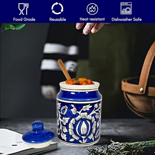 Image of Ceramic Pickle Jars For Storage Achar Chini Mati Barni Bharani Jars Jadi Jaadi Jadilu Pots Containers For Storing Salt, Tamarind Kitchen Storage With Lid, 850ML NON AIRTIGHT - Royal Blue