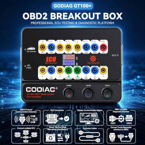 Image of GODIAG GT100+ OBD2 Breakout Box, 16-Pin Automotive ECU Connector Scan Tool for Bench Testing and CAN Bus /K-LINE Signal Testing