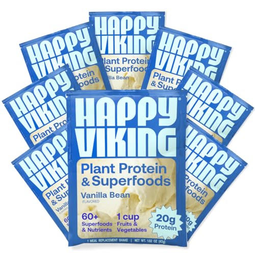 Happy Viking Vanilla Bean Plant Protein Powder, Created by Venus Williams, 20G Protein, Low Carb, Keto, Vegan, Gluten-Free, Non-GMO, Superfoods, Complete Meal Replacement, 8 Single Serve Packs