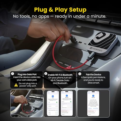 Image of Portronics Tune Plus, 2-in-1 CarPlay & Android Auto Adapter with Inbuilt YouTube, Netflix, Converts Wired to Wireless, 3GB RAM + 32GB ROM, Plug &Play, USB-A & Type-C Compatible, TF Card Slot for Media