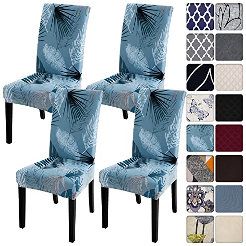 Image of SearchI Summer Pattern Dining Room Chair Covers Set of 4, Stretch Printed Parsons Chair Slipcovers Spandex Removable Washable Kitchen Chair Protector Cover for Dining Room, Hotel, Ceremony (Blue)
