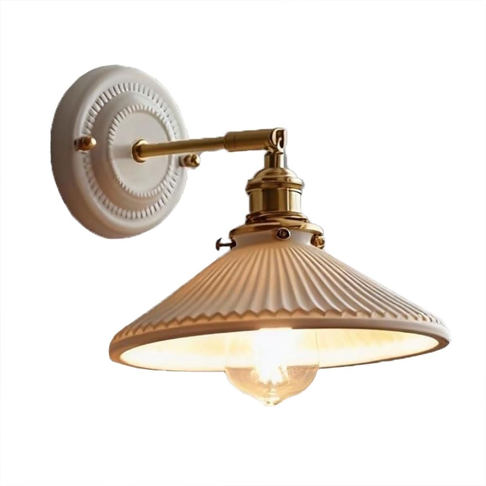 FEITENGDA Nordic White Ribbed Ceramic Wall Sconce Japanese Brass Arm Adjustable Wall Lamp Modern Interior Bedside Reading Wall Light for Bedroom Living Room Hallway Study