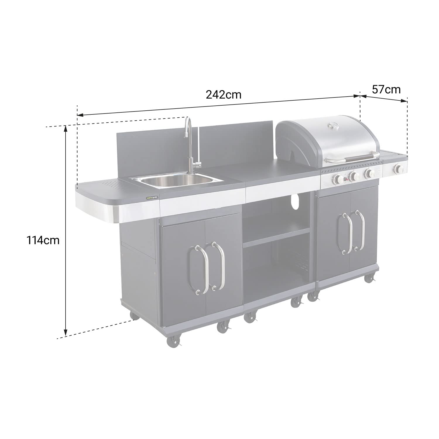 Cook’in Garden - Cuisine Extérieure Modulable FIDGI 3, Barbecue au Gaz, 3 Brûleurs avec Thermomètre, Meuble d’Appoint Desserte et Évier, Structure Métal, Noir