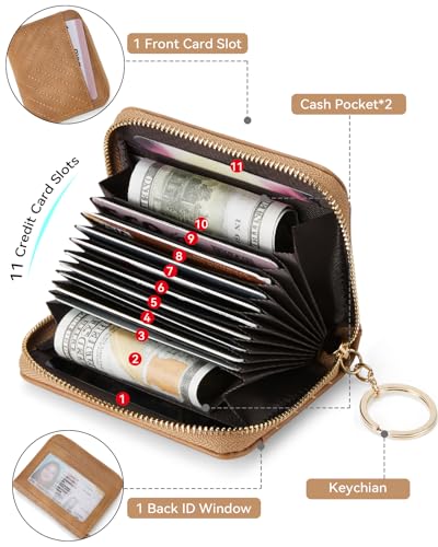 Image of BOSTANTEN Credit Card Holder Wallet RFID Blocking Leather Small Wallet for Women Zipper Keychain Wallet with Wristlet Camel