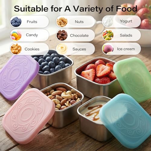 Image of 4 Pack Stainless Steel Snack Containers, 6oz Snack Box with Silicone Lids,Stackable Portable Small Food Storage Container for Picnic,Travel,School,Office,and Daycare
