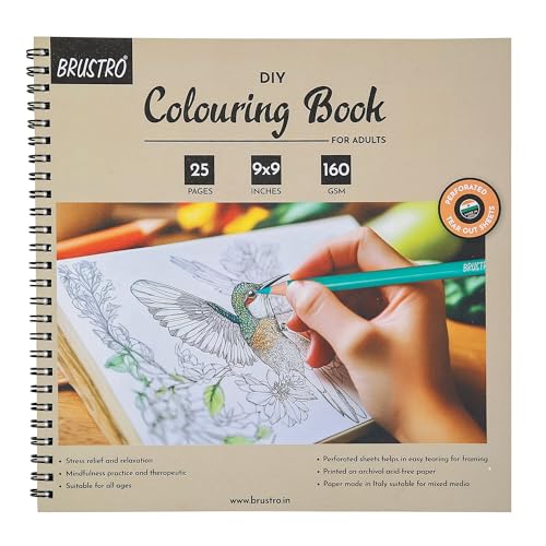 Image of BRUSTRO DIY Colouring Book for Adults | 9x9 inches, 160 GSM, 25 Perforated Sheets | Ideal for Fineliners, Colour Pencils, Brush Pens, Markers.