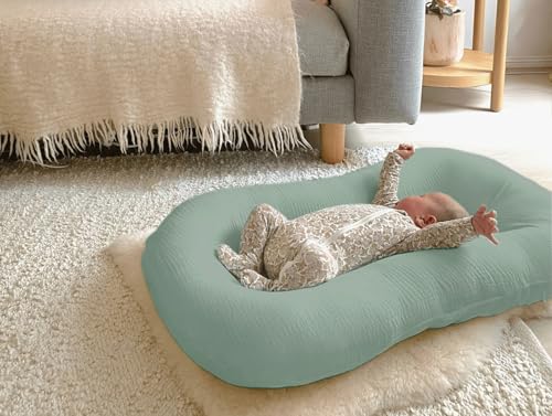 Image of guruixu Muslin Baby Lounger Cover 2 Pack, 100% Cotton Infant Lounger Cover, Soft & Breathable Replacement Slipcover, Compatible with Snuggle Me Newborn Lounger (Roman Green,Cream)