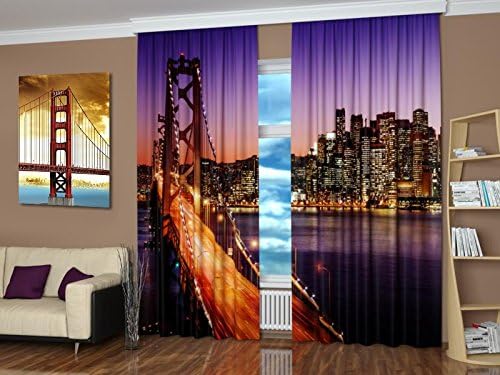 Factory4me City Window Curtains Bridge California. Window Curtain Set of 2 Panels Each W52 x L96 Total W104 x L96 inches Drapes for Living Room Bedroom Kitchen