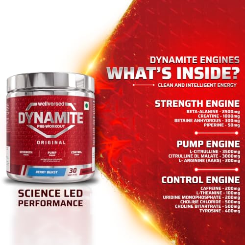 Image of Dynamite Original Pre Workout For Men (30 Servings, Berry Burst) For Focus & Energy Boost With 6500mg Citrulline Complex | Preworkout Supplements For Men - 420g
