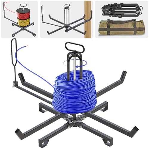 SELEWARE Foldable Cable Dispenser Floor or Stud Mounted Wire Spool Rack for 4-28 inch Reels Portable Wire Rack Dispenser with Anti-Slip Handle for Electrical Industrial & Retail Use
