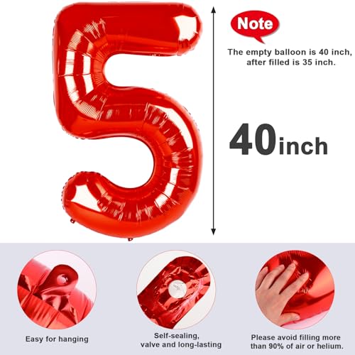 Image of 5 Balloon Numbers Birthday Decorations, 40In Red Balloons for Men Women | Eye-catching Appearance, Perfect Decorative Centerpieces, Convenient Self-sealing Structure, Widely for Various Occasions