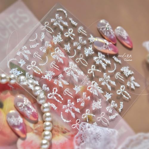 Image of NBNTGH Pearl Bow Nail Stickers - 5D Elegant Self Adhesive Nail Decals White Lace Design for Women Manicure DIY Decoration Accessories (1 Sheet)