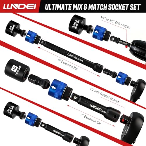 Image of LLNDEI 29Pcs Swivel Socket Set, Quick Release Design, CR-MO 3 /8 Swivel Sockets Metric(8-22mm)&Sae(5 /16 inch-3 /4 inch), Wobble Socket Set with Ratchet Wrench, Extension Bar and Adapters.