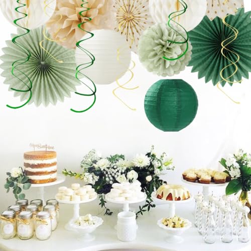 Image of Champagne Sage Green Bachelorette Bridal Shower Party Decorations Huglony | 21pcs Women Bride To Be Paper Streamers Lanterns,Bridal Shower Banner Garland,Flower Tissue Pom Poms Fan Favors Wedding Decor