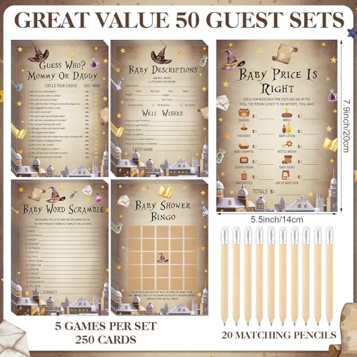 Image of Patelai 321 Pcs Magical Wizard Baby Shower Games Supplies, 5 Sets (50 Cards Each) Activities Cards with 20 Pencils 1 Don't Say Baby Sign 50 Clothespin