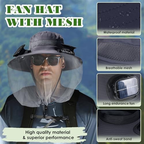 Sombrero con red para mosquitos con ventilador solar incorporado y ala ancha ajustable para hombre y mujer miniatura 4