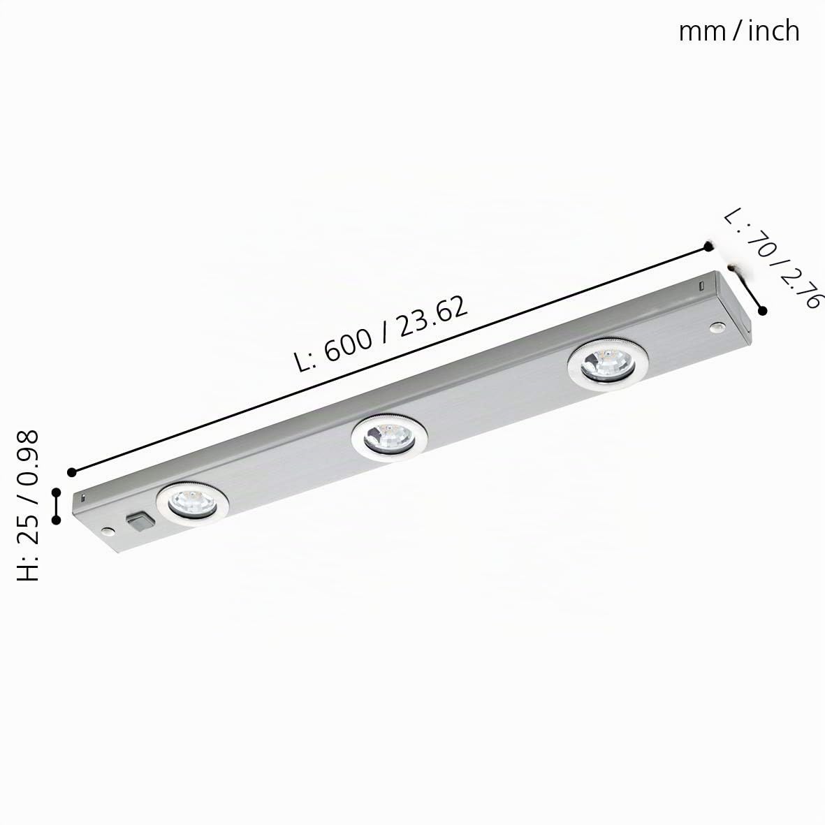 EGLO LED lampe sous meuble Kob LED, lampe de cuisine 3 flammes en métal | argenté, lampe de cuisine avec interrupteur à bascule, éclairage de cuisine LED blanc chaud