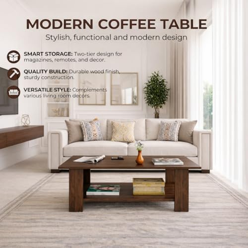 Image of Spyder Craft Modern Coffee Table with Open Storage Shelf - Minimalist Rectangular Center Table for Living Room, Office, and Lounge - Durable Engineered Wood, Easy Assembly (Columbian) (Assembly -DIY)