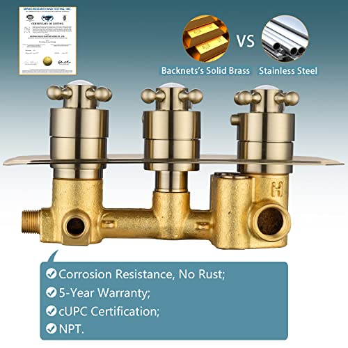 Backnets Solid Brass 3 Way Thermostatic Shower Diverter Mixing Valve Replacement 3 Outlet Shower Mixer Rough-In Valve With Trim Kit Brushed Gold, Use One Function At A Time #TOP2